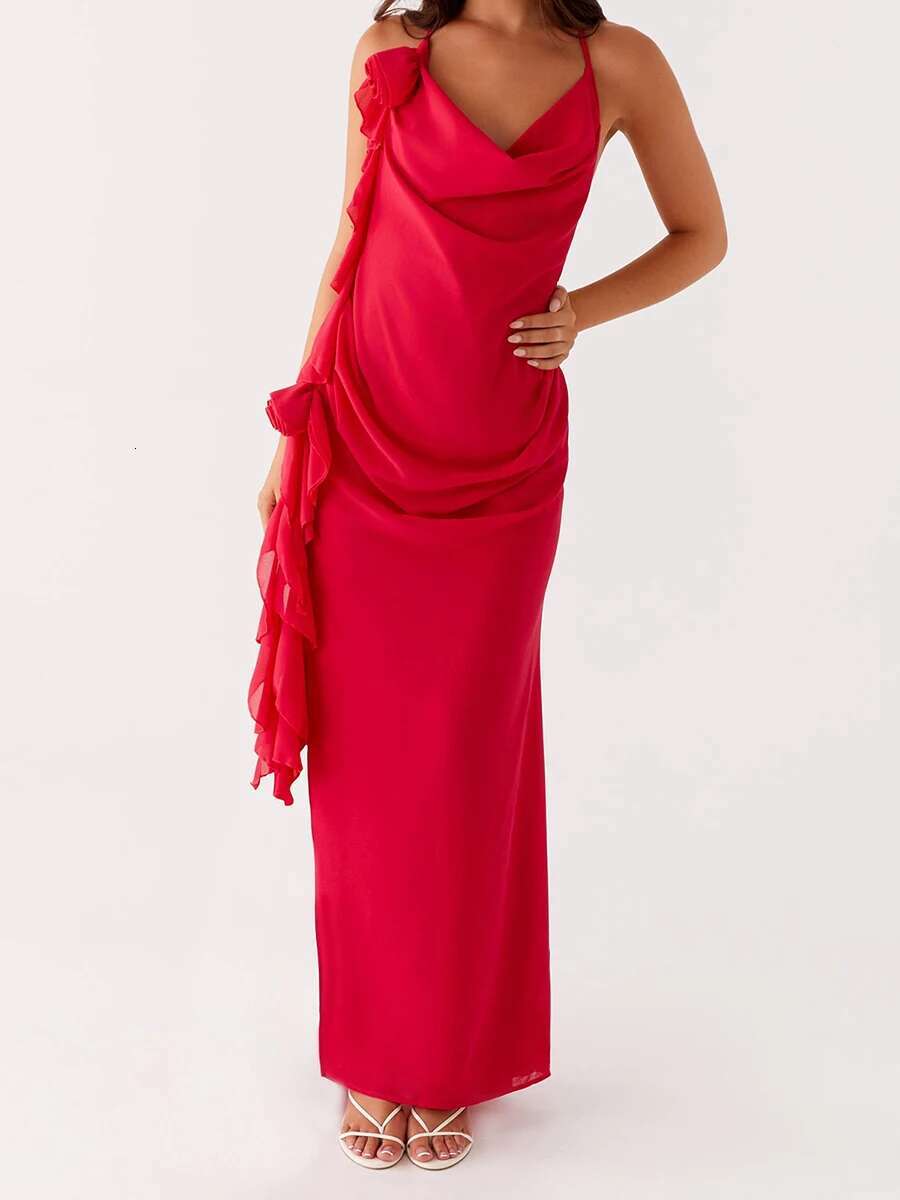 Elegant Lace Off-shoulder Maxi Dress with Flounce Hem and Open Back Detail for Wedding Evening Prom Party Beach Cocktail