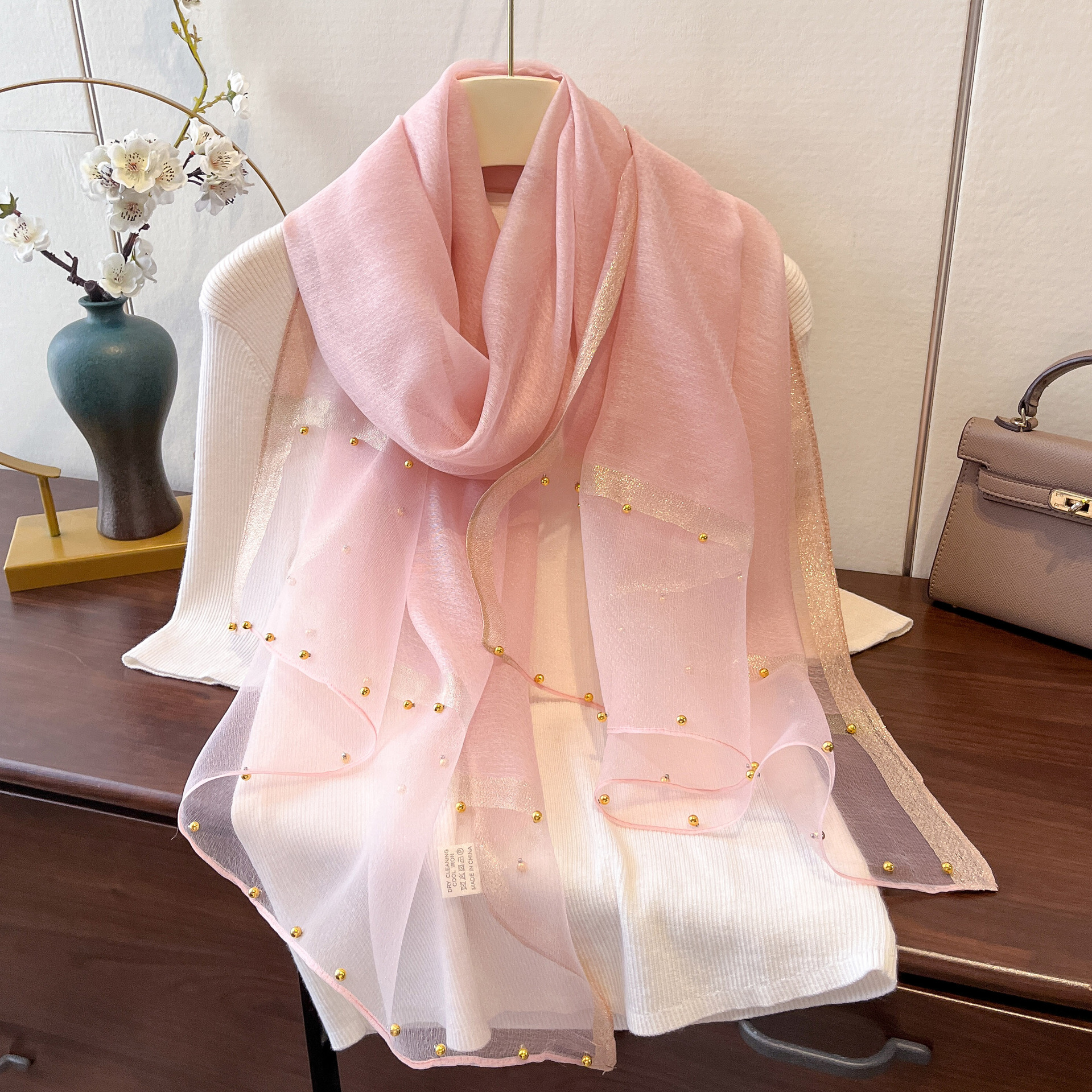 K955 New spring and summer thin gold-edged beaded gauze scarf for women solid color versatile shawl Korean version of imitation silk long scarf