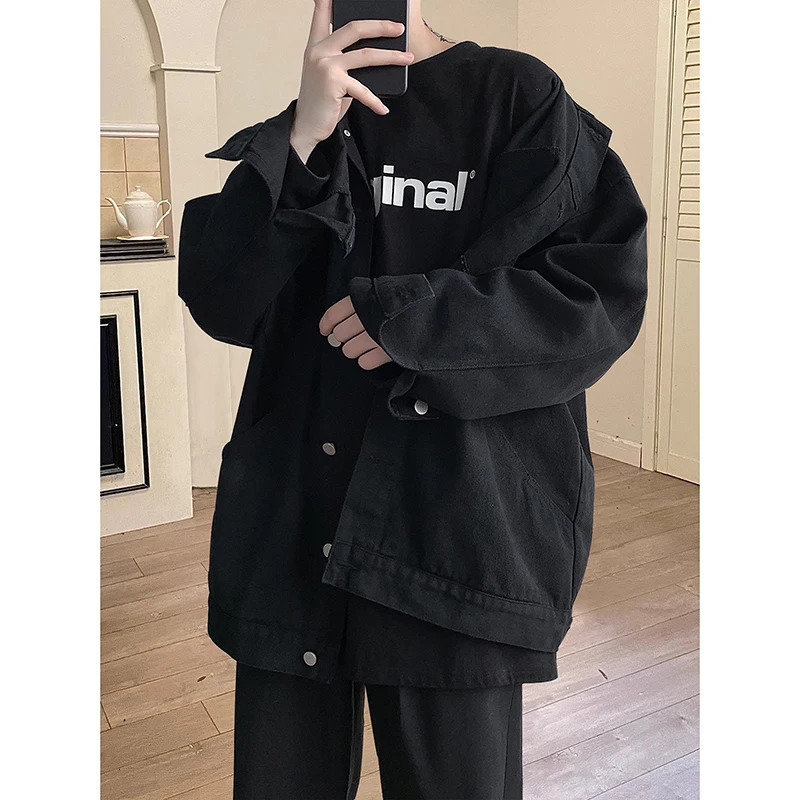 Steetwear Red Mens Jean Jackets Turn Down Collar Multipockets Denim Coats Overalls Loose Casual Men Clothing Outwear 250530