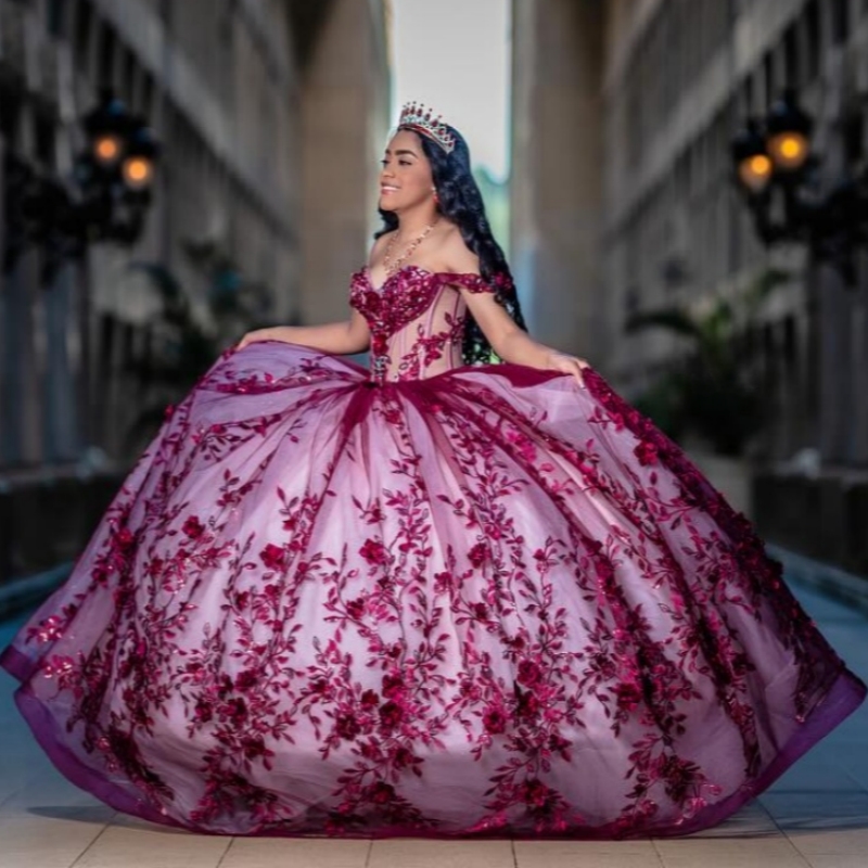 Red Quinceanera Dresses Ball Gown Off The Shoulder Applique Floweer Beading Crystal Tull Sweet 16 Dress Vestidos 15 De Anos