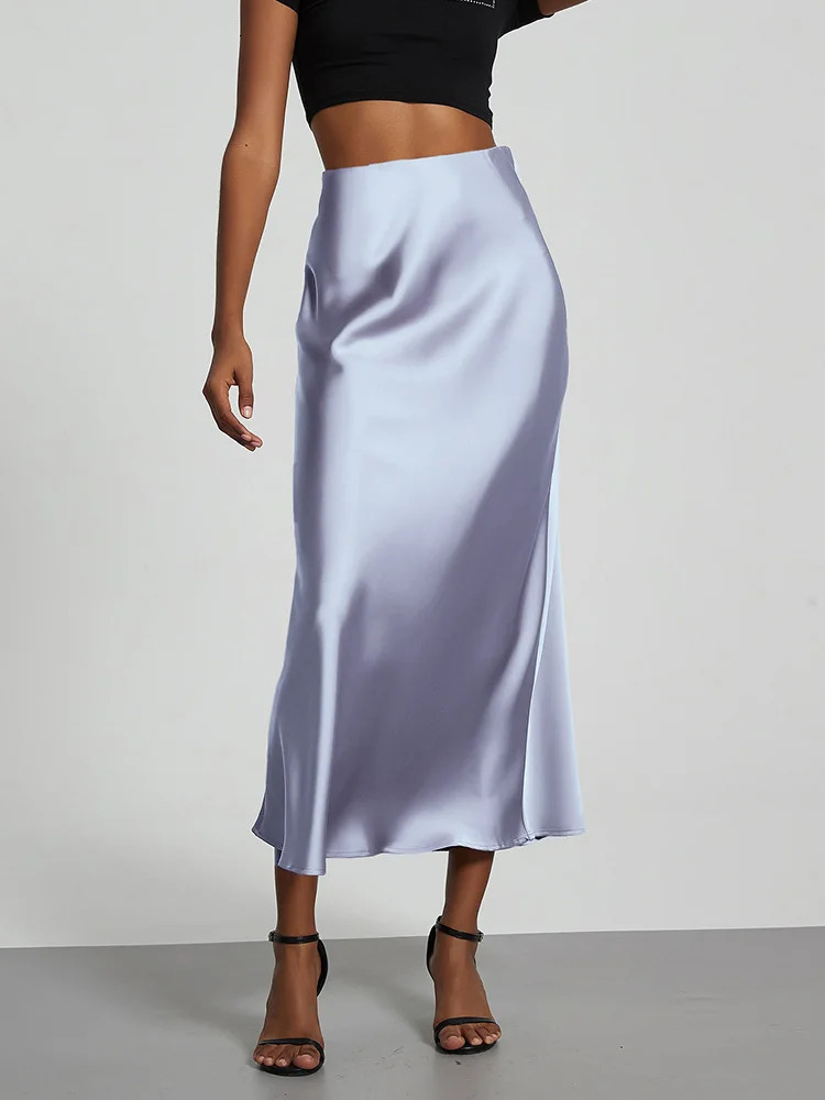 Fashion Satin Party Long Skirt High Waist Solid Color Casual Basic Women Skirts Fishtail Skirt Chic Summer Woman Clothing 2025 250529