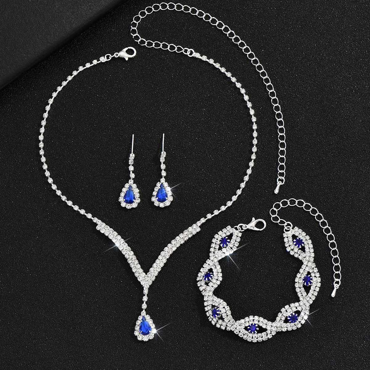 3 Pcs Luxury Rhinestone Bride Jewelry Set for Women Black Water Drop Crystal Earrings Wedding V Necklace Eye Fashion Z250607