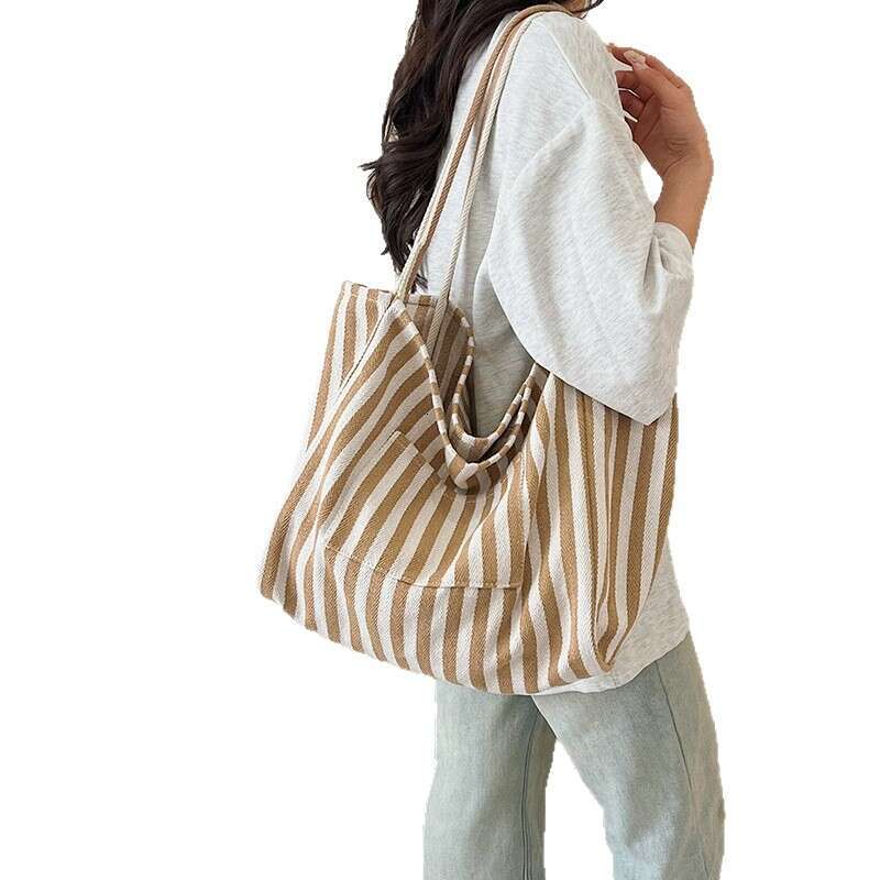 Artistic Casual Large Capacity Canvas Tote 2025 New Korean Style Striped Fashion Handbag Shoulder Bag