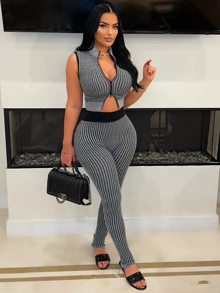Weird Puss Fitness Zip Women Tracksuit 2 Piece Set Stripe Casual Tank TopsLeggings Matching Streetwear Casual Activity Outfits 250605