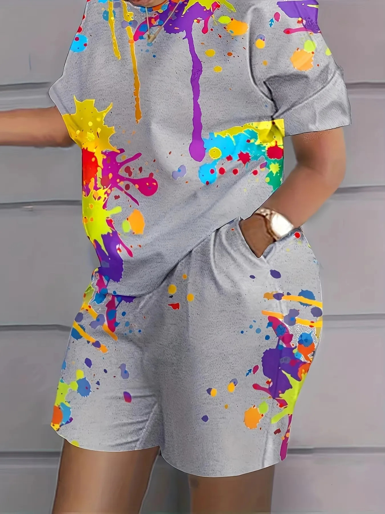 Plus Size Summer 1XL5XL Women Tie Dye Colorful Print Twopiece Sets Casual Short Sleeve Round Neck TShirt Shorts Loungewear 250603