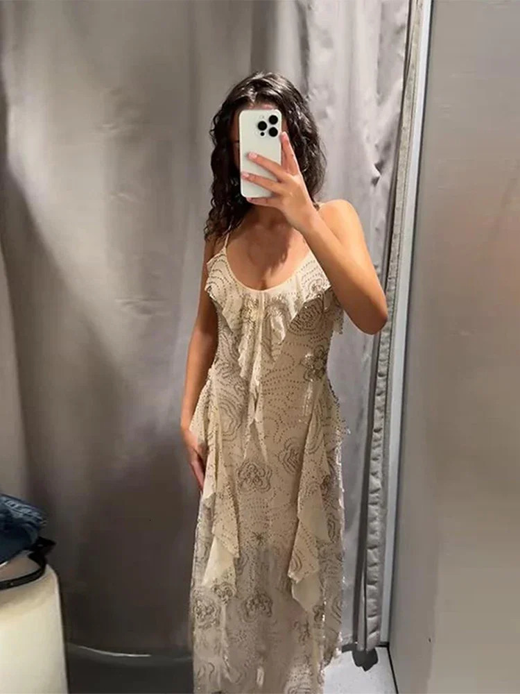 Sexy Beaded Sequin Summer Dress Lady Backless Sleeveless Elegant Evening Gown Ruffle Strap Holiday Party Beachwear Street Outfit 250605