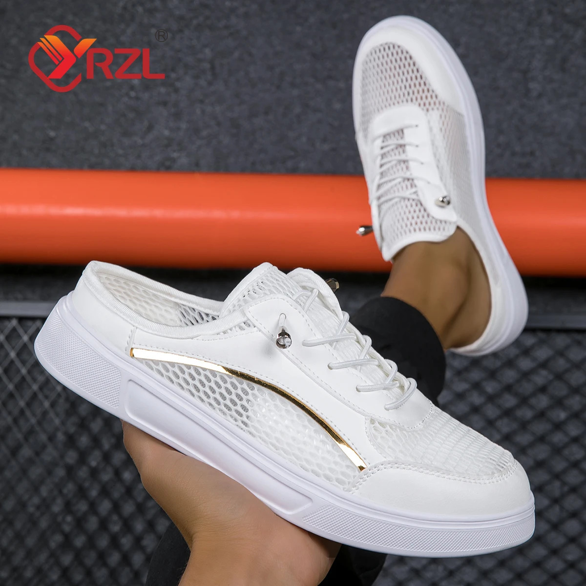 YRZL 2025 Half Slippers Women Shoes Summer Baotou Mesh Breathable White Flat Shoes Non-slip Comfortable Round Toe Mens Sandals 250603