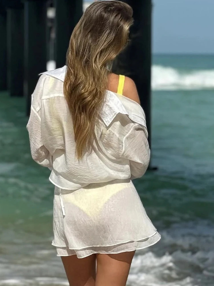 JULISSA MO Casual Vacation Two Piece Sets Women Shirt Suit Yellow Turn-down Collar Bandage Mini Skirt Set Summer Slim Beachwear 250605