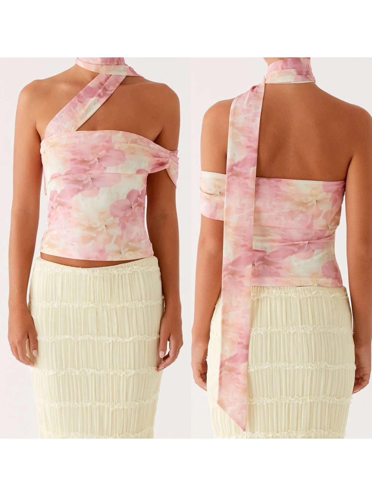 Sexy Lace Halter Top Sleeveless Floral Print Backless Crop Tank for Beach Vacation and Night Out Club Party