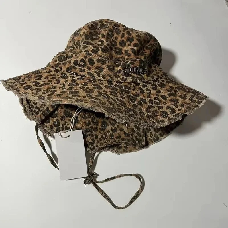 Retro Mens Leopard Print Washed Border Mens Fisherman Hats Seasonal Hanging Rope Outdoor Travel Basin Hats Sun Hats 250605