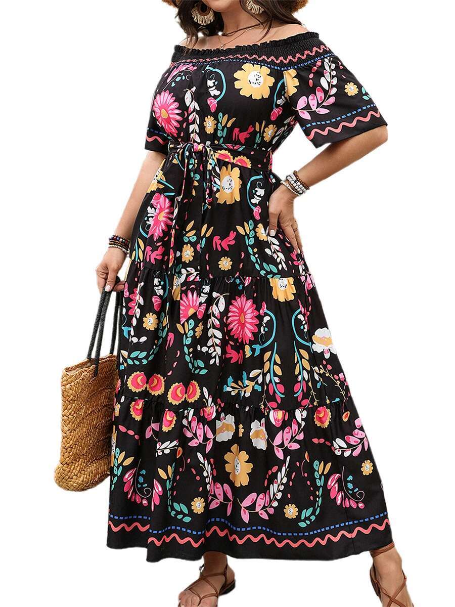 Womens Floral Print Off-shoulder Maxi Dress Elegant Summer Swing Dress for Beach Vacation or Special Occasions