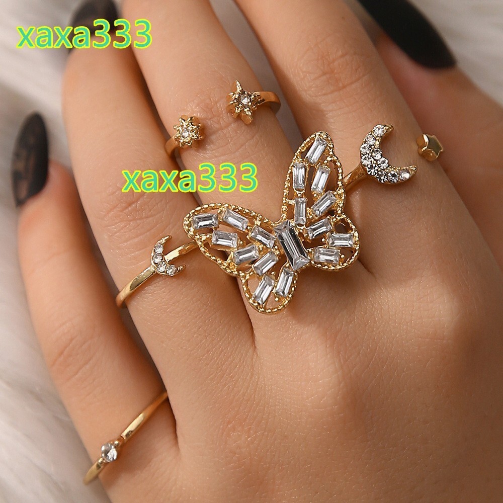 European American Cross-Border Hot-Selling Diamond-Encrusted Large Butterfly Index Finger Ring 5-Piece Set Ring Fashion Rings