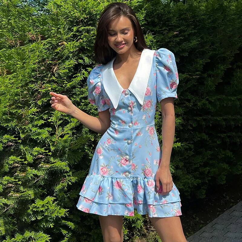 Tornova Print Puff Sleeves Ruffled Women's V-Neck High Waist Pearl Buttons Mini Female Casual Vacation Fashion Dress