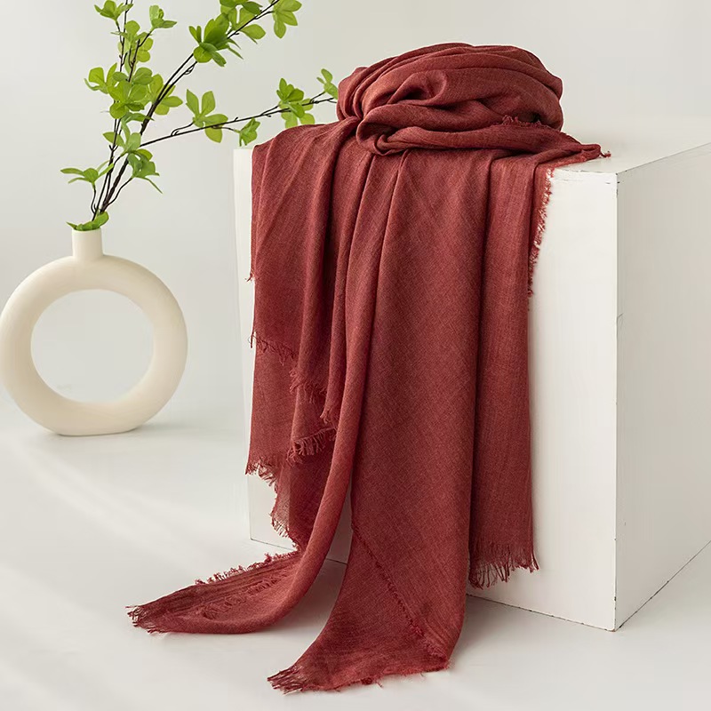 T918 cotton and linen silk scarf solid color Japanese beach silk scarf long strip high-end shawl retro raw edge gauze scarf