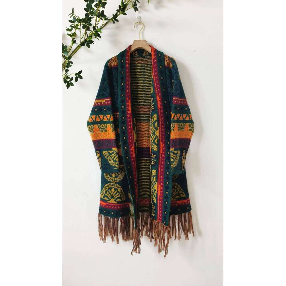 Autumn And Winter Retro Jacquard Ethnic Style Women's Loose Long Sleeves Tassel Hem Midi Wool Cardigan Sweater Jacket