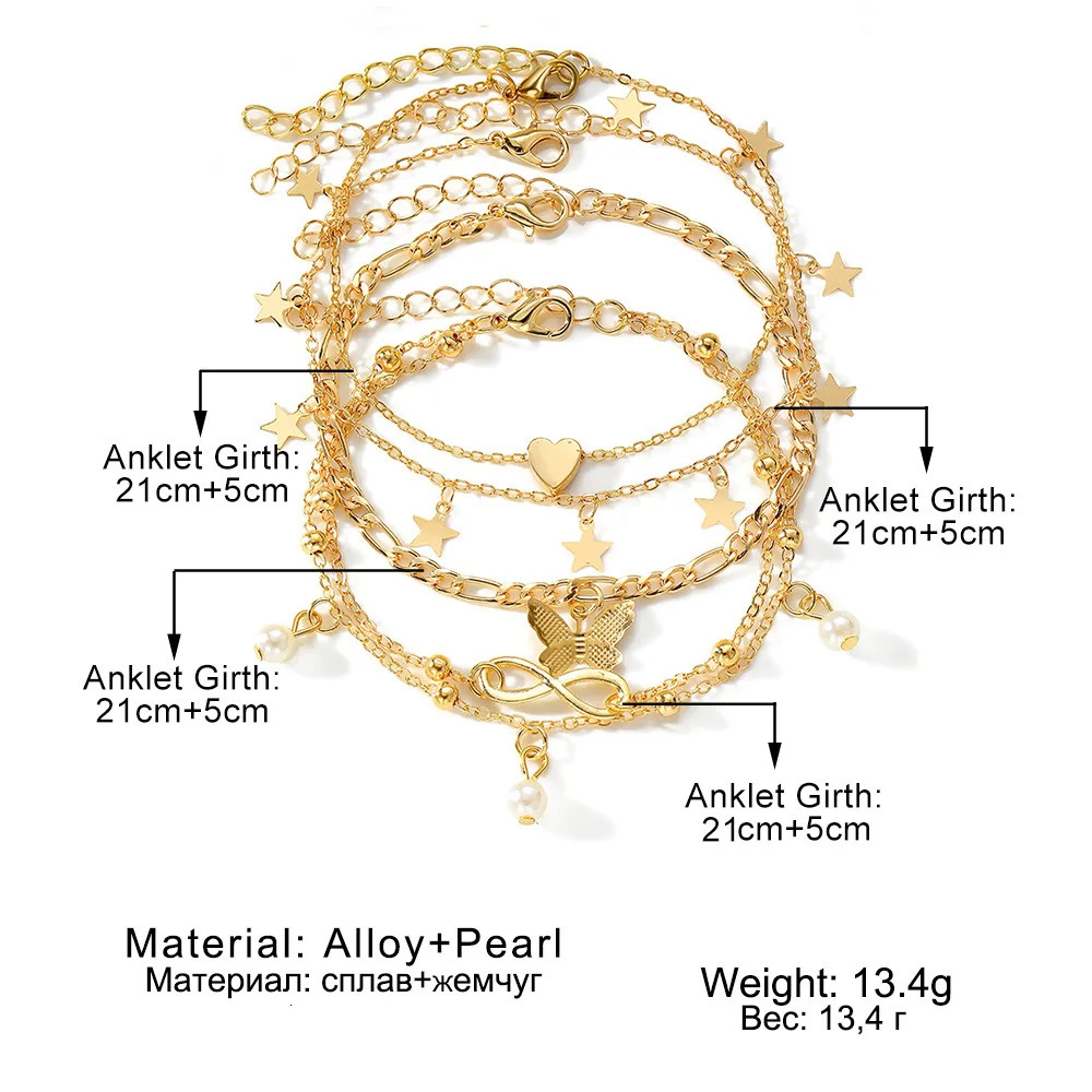 Gold Color Vintage Butterfly Anklet Set For Women Multilayers Adjustable Love Anklet Bracelet On Leg Foot Beach Jewelry 250606