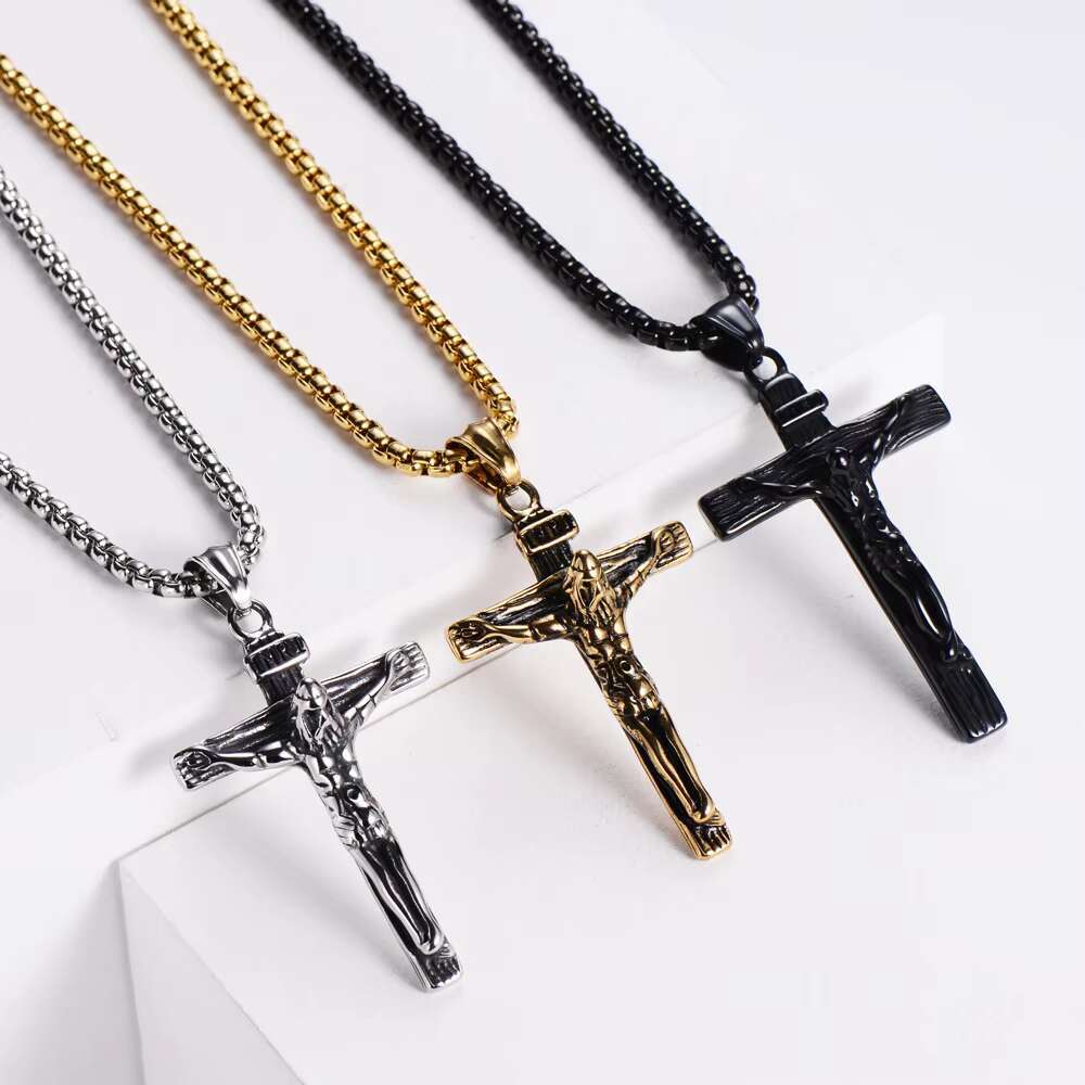Wholesale Cross Necklace Religious Jewelry 18K PVD Gold Plated Stainless Steel Pendant Christian Jesus Cross Necklaces for Men