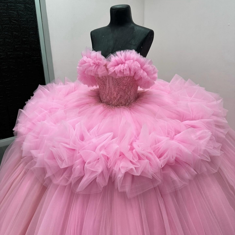 Pink Quinceanera Dresses Ball Gown Off The Shoulder Beads Tiered Tull Sweet 16 Dress Vestidos 15 De Anos