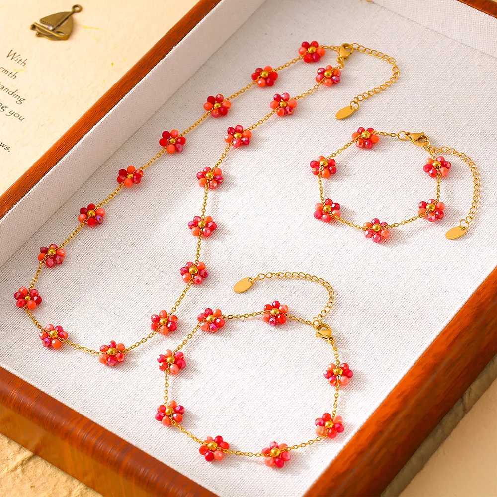 Colorful Glass Stone Beaded Flower Pendant Necklace Anklet Set Womens Stainless Steel Gold plated Chain Summer Jewelry Z250607