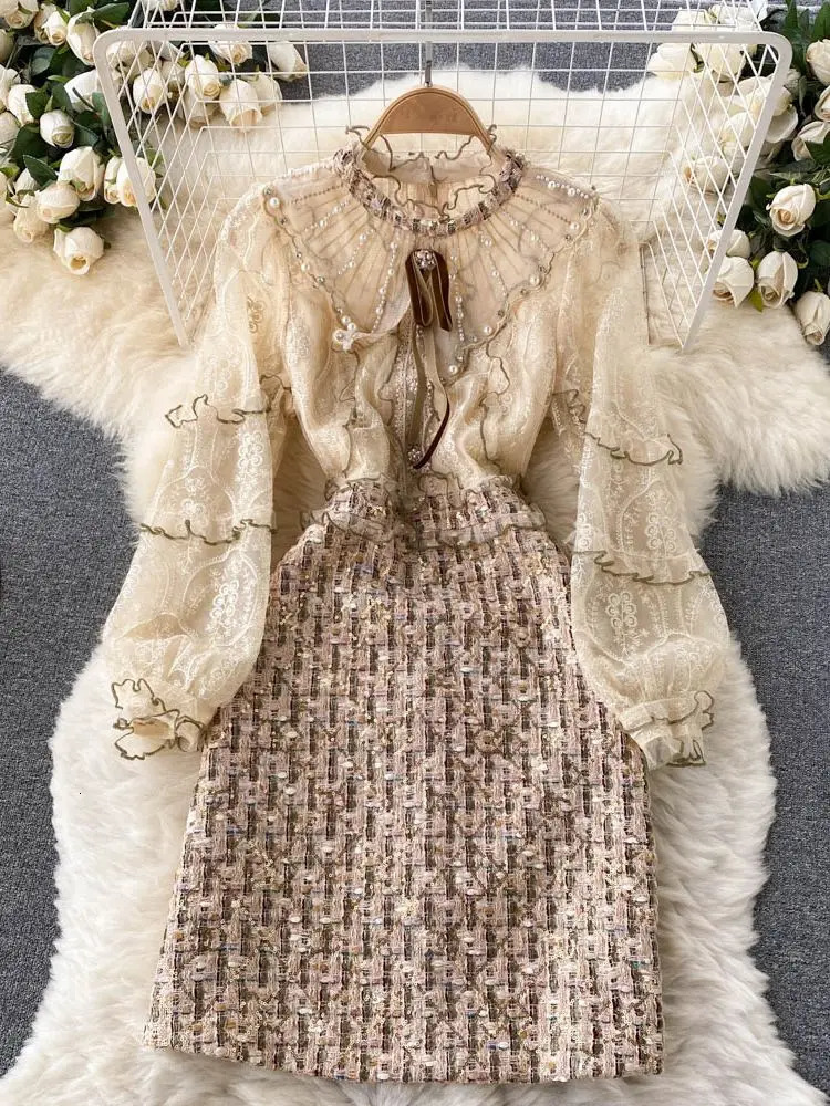 Small Fragrance Embroidery Flower Mesh Stitching Woolen Tweed Plaid Ruffle French Pearls Sweet Girls Fairy Bow Dress 250603