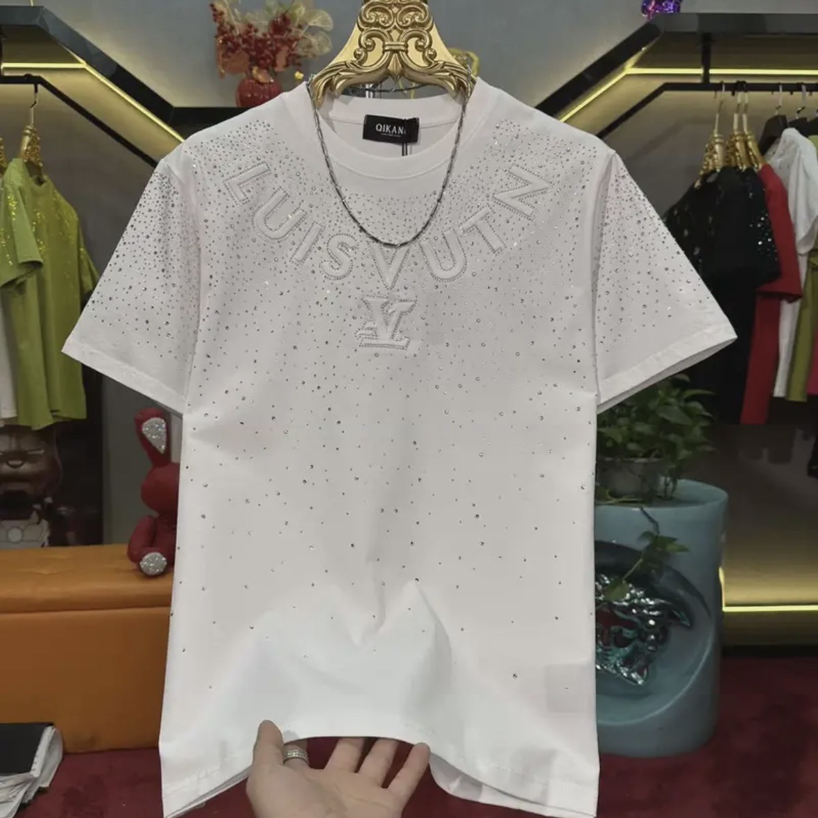 Designer Clothing Summer Men's Oversized Short Sleeve T-Shirt | Heavy Craft Letter Embroidery & Rhinestone Graphic Tee