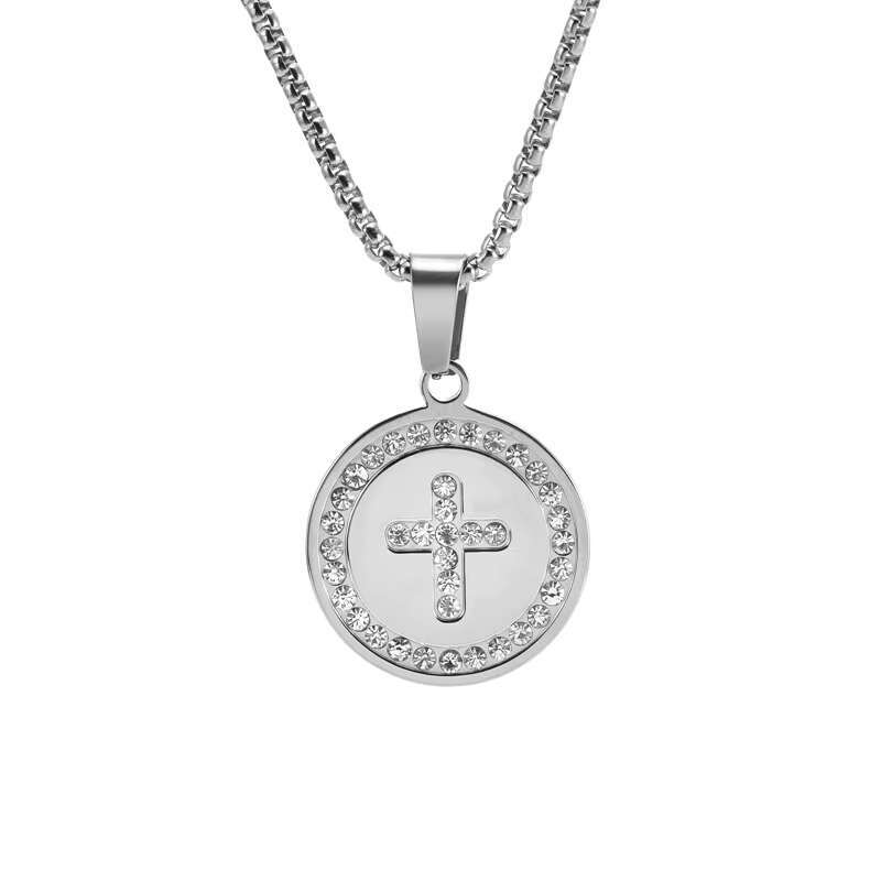 Fashion Stainless Steel Cross Pendant Necklace 18k Gold Plated Non Tarnish Crystal Round Cross Necklace for Men