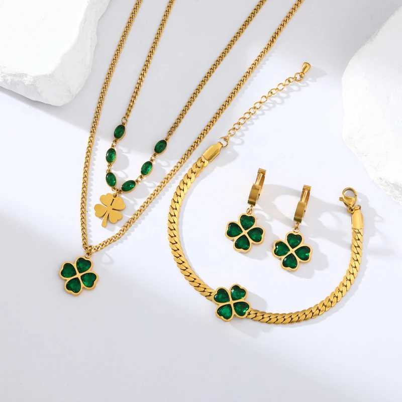 GANEMLY 316L Stainless Steel Green Crystal Necklace Earrings Set For Women Fashion Waterproof Jewelry Set Bijoux Z250607