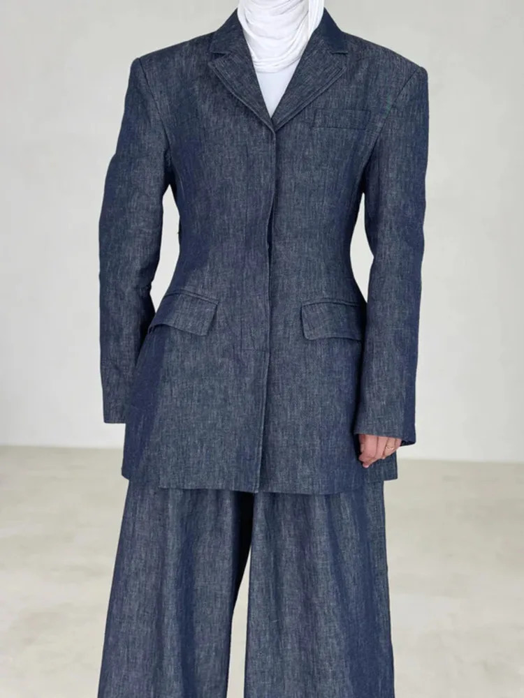 KWTX Summer Denim Linen Blazer Pants Set Womens Two Piece Outfit Hidden Button Office Chic Wide Leg Suit Spring Streetwear 250603
