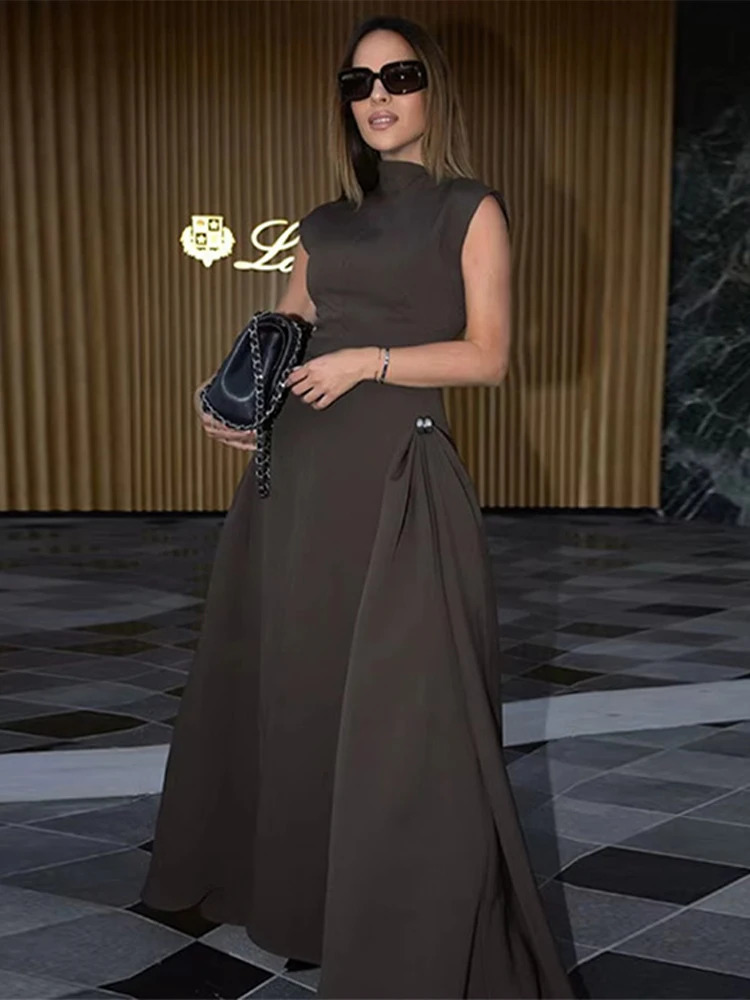 Elegant Black Long Dress Women Fashion High Collor Sleeveless Pleat Irregular Dresses 2025 Spring Summer Party Lady Evening Robe 250605