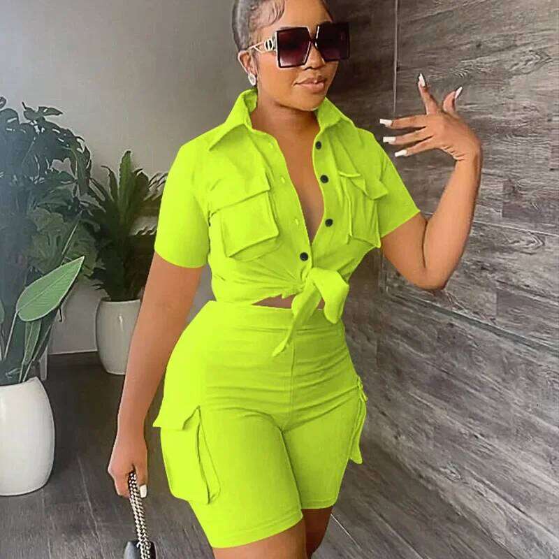 Streetwear Two Piece Set For Women Summer Outfits Pockets Sleeve Button-Up Shirt Top Short Party Club Matching Sets