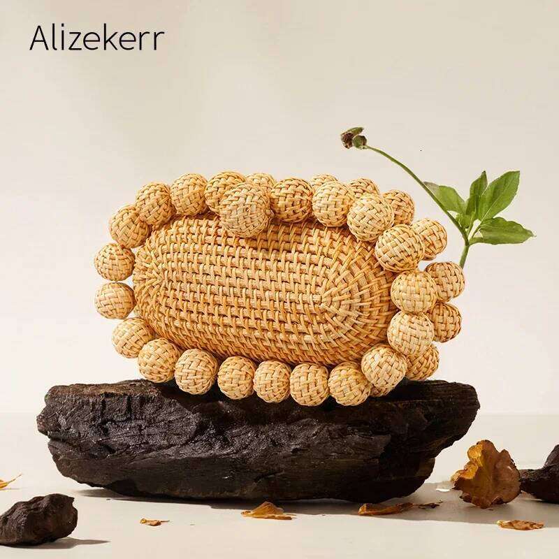 Alizekerr Beaded Beach Clutch Bags Women 2024 Boutique Elegant Designer Hand Woven Rattan Handbag Bohemian Summer Holiday