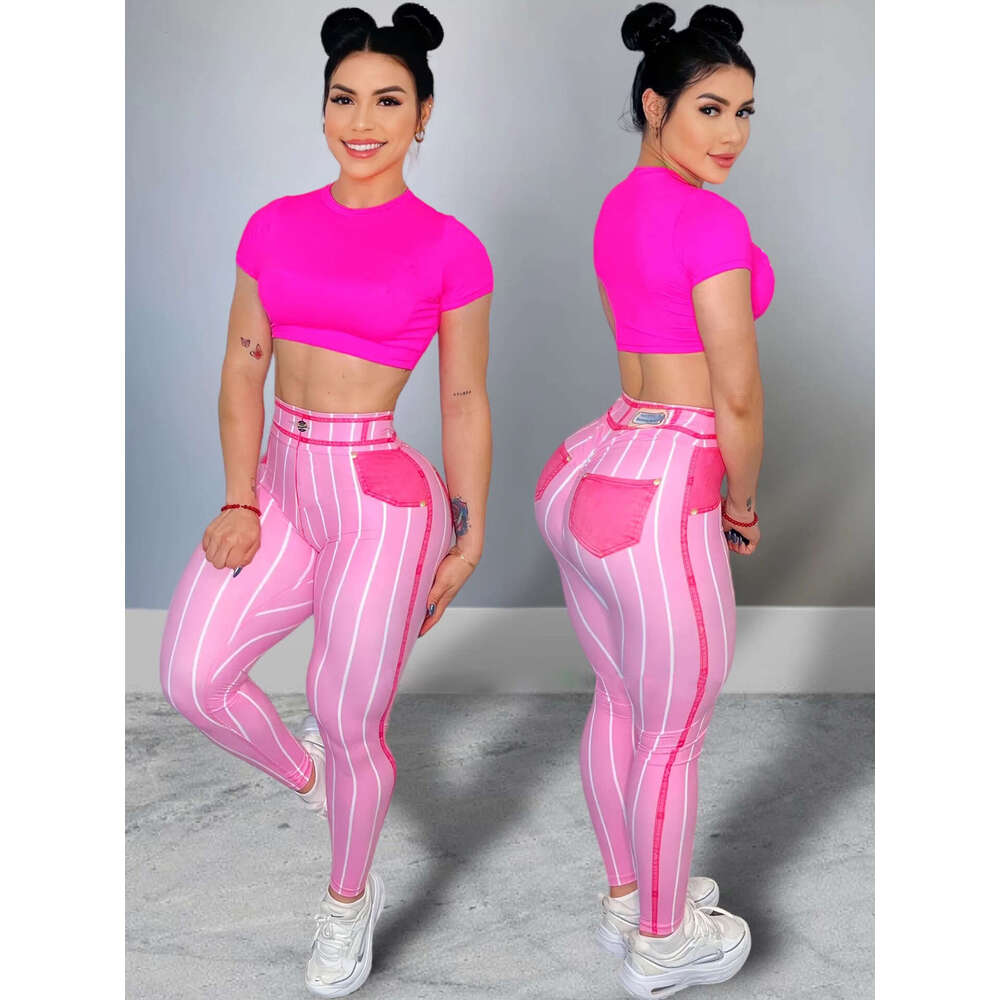 Trendy European and American Style Faux Denim Line Print Yoga High Waist Sexy Sports Fiess Pants for Women 2025 New Casual Versatile Fashion Clothing