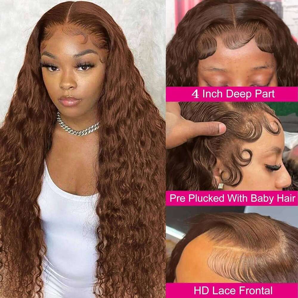 NAMM Curly wigs Transparent Lace Front Chocolate Brown 13x4 13x6 Brazilian Deep Wave Frontal Human Hair Wig for Women Pre Plucked