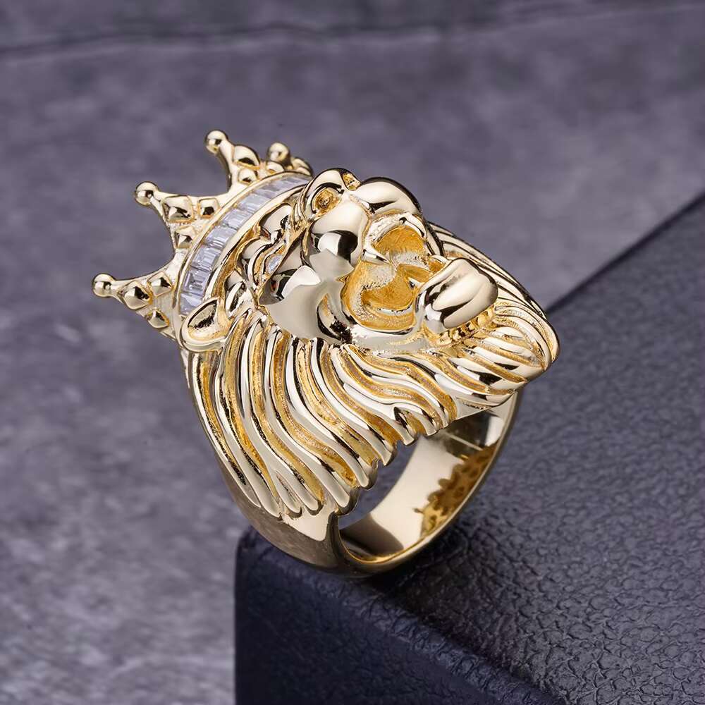 Customization Over Real 925 Silver 10K Yellow Gold Created Diamond Textured Roaring Baguette Crown Lion Face Ring
