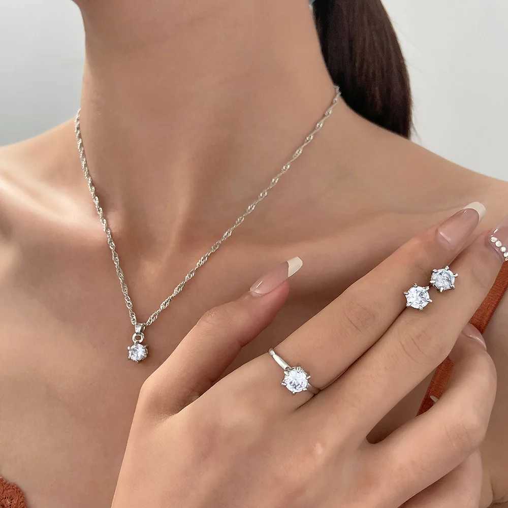 5Pcs Elegant Crystal Jewelry Set Zirconia Ring Necklace Earrings Simple Set Jewelry Fashion Versatile Trendy Jewelry Z250607