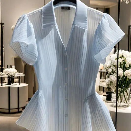 French Style Top for Women Blue Short-sleeved Striped Shirt for Summer 250603