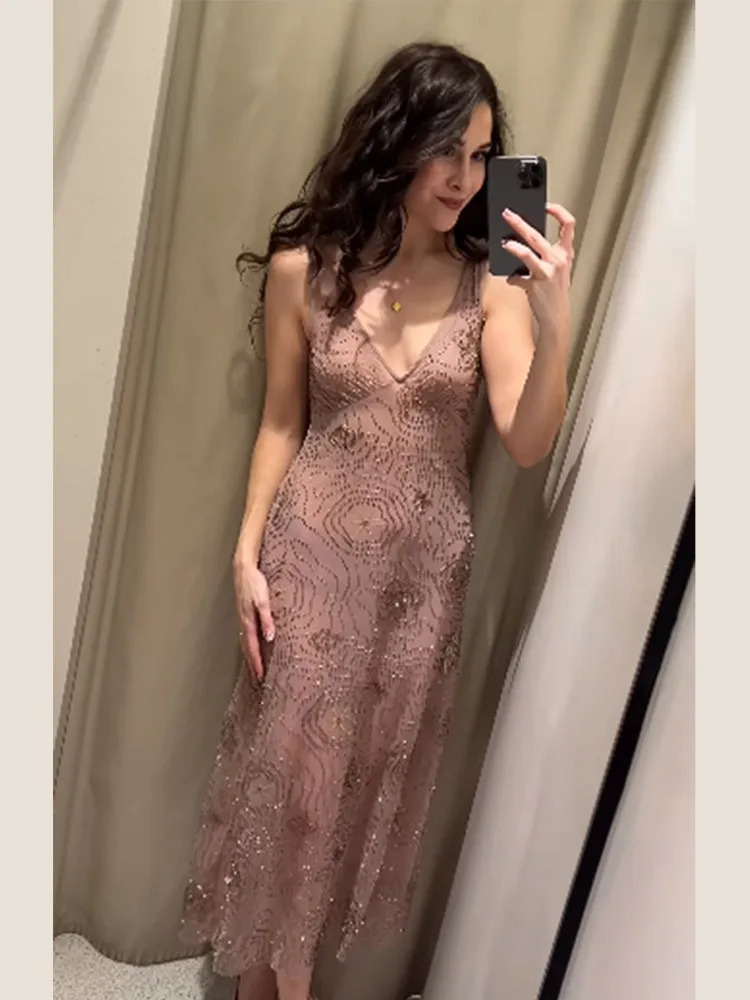 Sexy Beaded Sequin Summer Dress Lady Backless Sleeveless Elegant Evening Gown Ruffle Strap Holiday Party Beachwear Street Outfit 250605