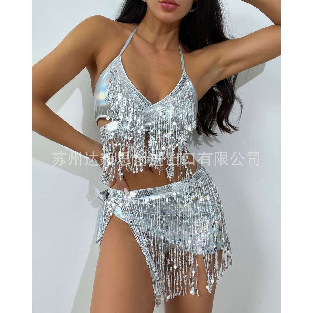 Electric Music Festival Two-Piece Swimsuit Three-Piece Set Glitter Fabric Sexy Tassel Bikini Women 2025 New Elegant Unique Fashion