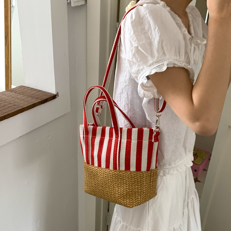 designer Korean Canvas Bucket Bag Striped Tote Bag for Women 2025 New High-end Patchwork Fashion Crossbody Straw Bag