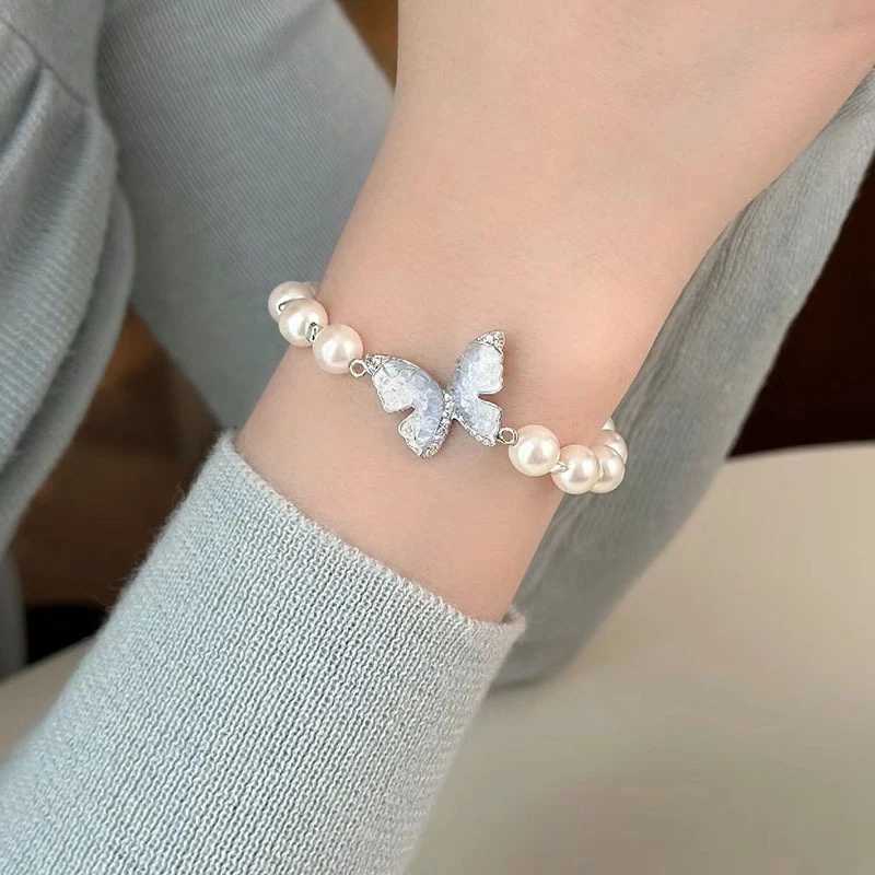 New Fashion Blue Crystal Butterfly Pearl Earrings Ring Necklace for Women Advanced Bilayer Choker Wedding Jewelry Set Z250607