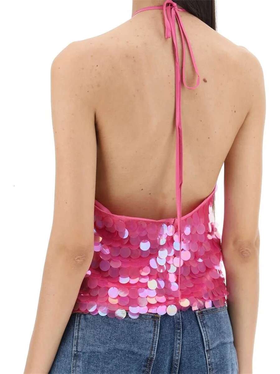 Sequin Embellished Tie-up Halter Neck Tank Top for Womensleeveless Summer Vest with Casual Streetwear Vibe