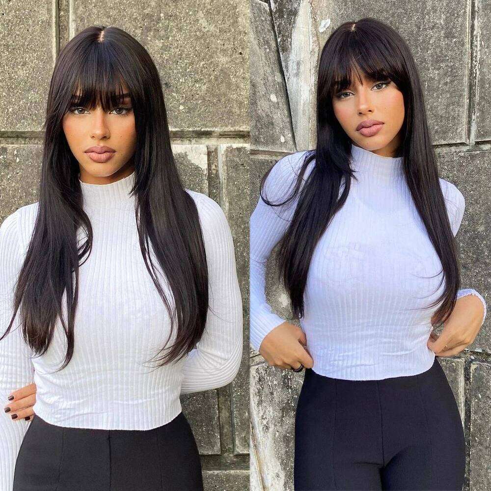 NAMM Straight Cut Wigs with Bangs HD Fake Scalp Synthetic Natural Layered Lace For Women Glueless Heat Resistant Wig