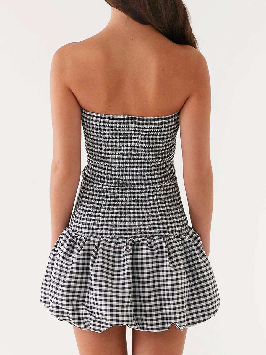 Womens Plaid Off Shoulder Mini Dress with Pufll Sleeves and Tube Top Design for a Stylish Look