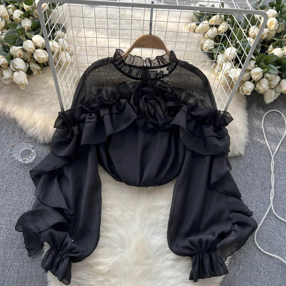 Women Chic Ruffle Pleated Mesh Asymmetric Tank Top Slim Basic Sexy Korean Fashion O Neck Long Sleeve Top Summer Women Blouse 250605