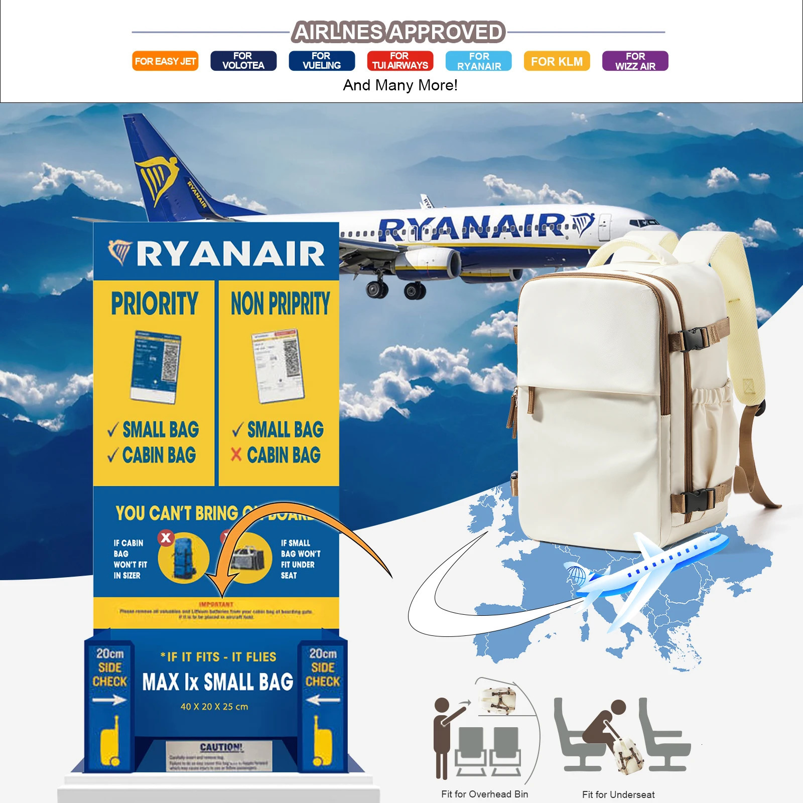 Cabin Airplane Travel Backpack 40x30x20 Hand Luggage Wizzair CarryOns Men Women 156 inch Laptop Bags 250605