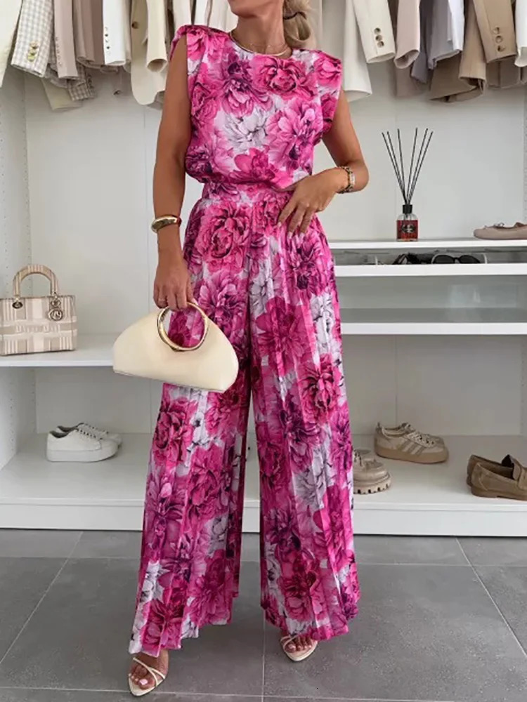 Summer Women Wide Leg Pants Two Pieces Set Holiday Solid Patchwork Simple Outfit O Neck Sleeveless Ladies Suits Streetwear 250603