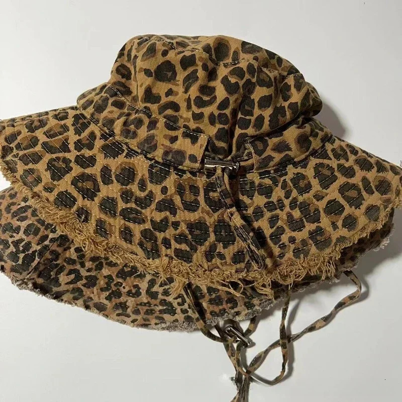 Retro Mens Leopard Print Washed Border Mens Fisherman Hats Seasonal Hanging Rope Outdoor Travel Basin Hats Sun Hats 250605