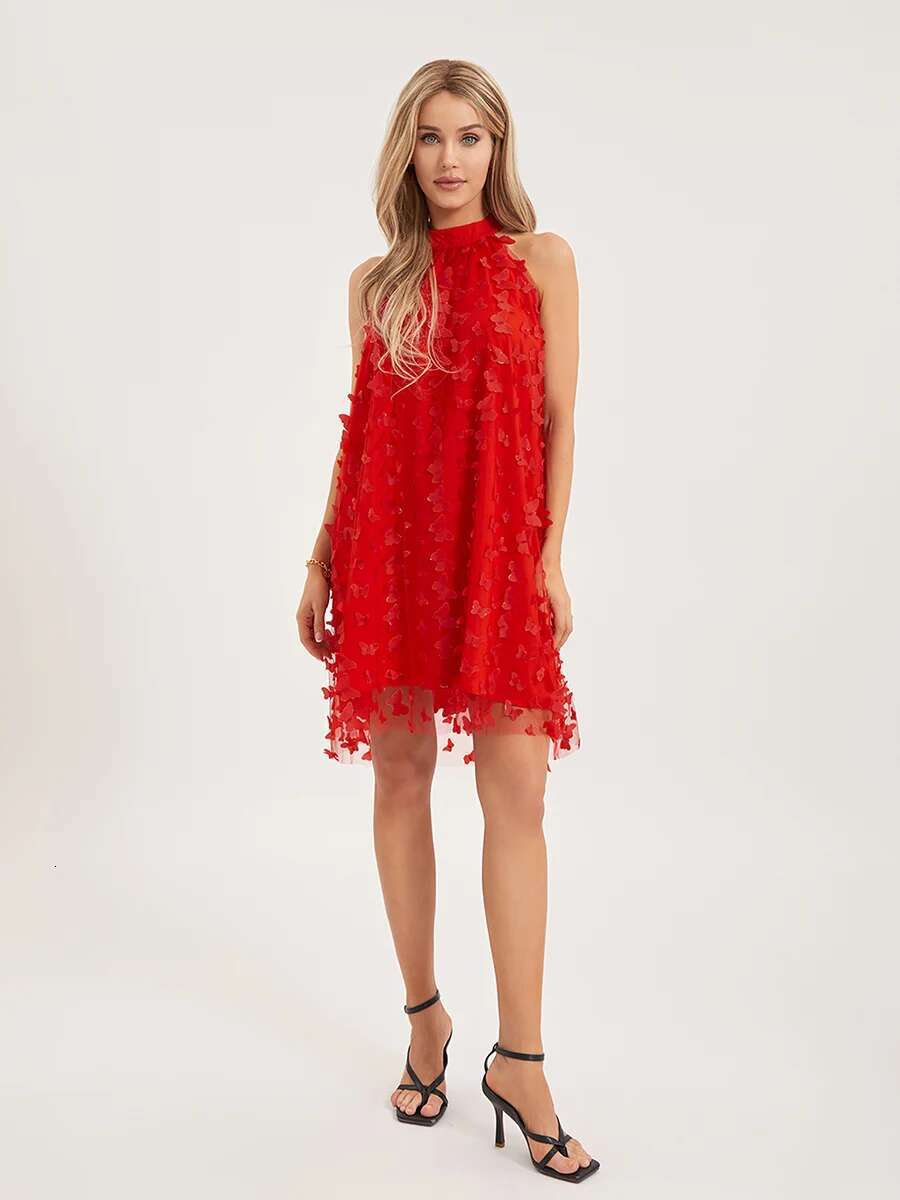Elegant Lace Embroidered Sleeveless Halter Neck Dress with Floral Appliques and Mesh Overlay for Summer Cocktail Party