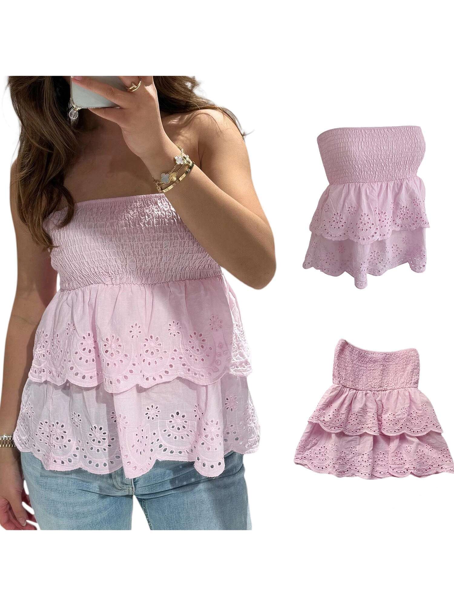 Womens Stylish Off-shoulder Crop Tops with Ruffle Trim and Smocked Waistband for Casual Summer Outfits