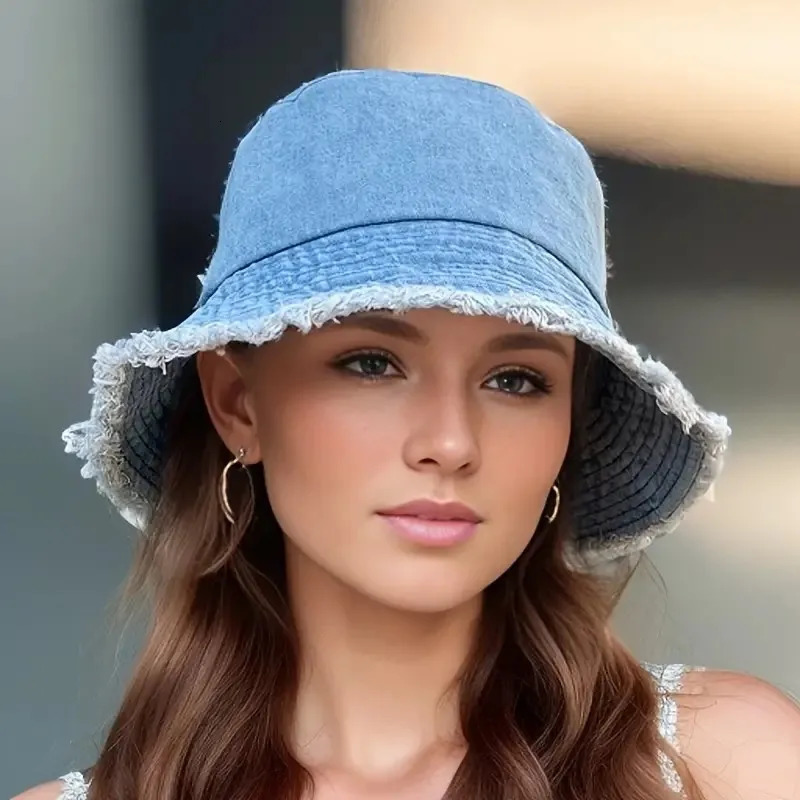 Durable Unisex Denim Bucket Hat - Frayed Brim Cotton Basin Foldable Casual Fisherman Cap Style for Women and Men Trendy 250605